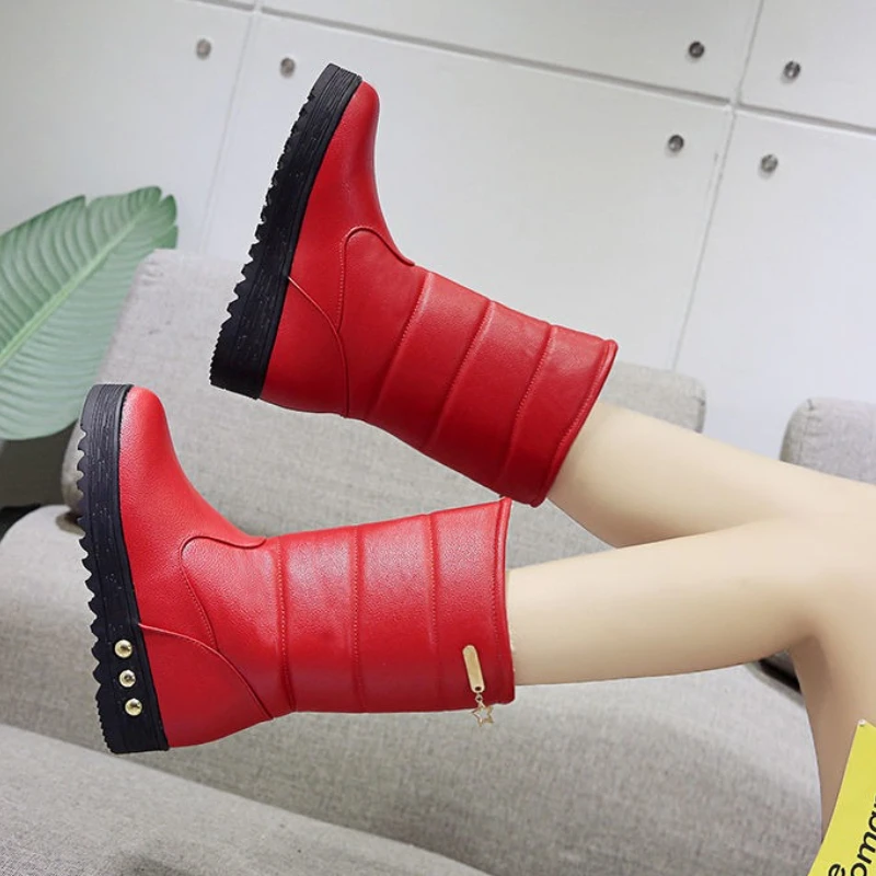 Solid Color Big Red Women's Snow Boots Waterproof Round Toe Half High Y2k Goth New Rock on Offer Promotion Footwear Ladies Shoes