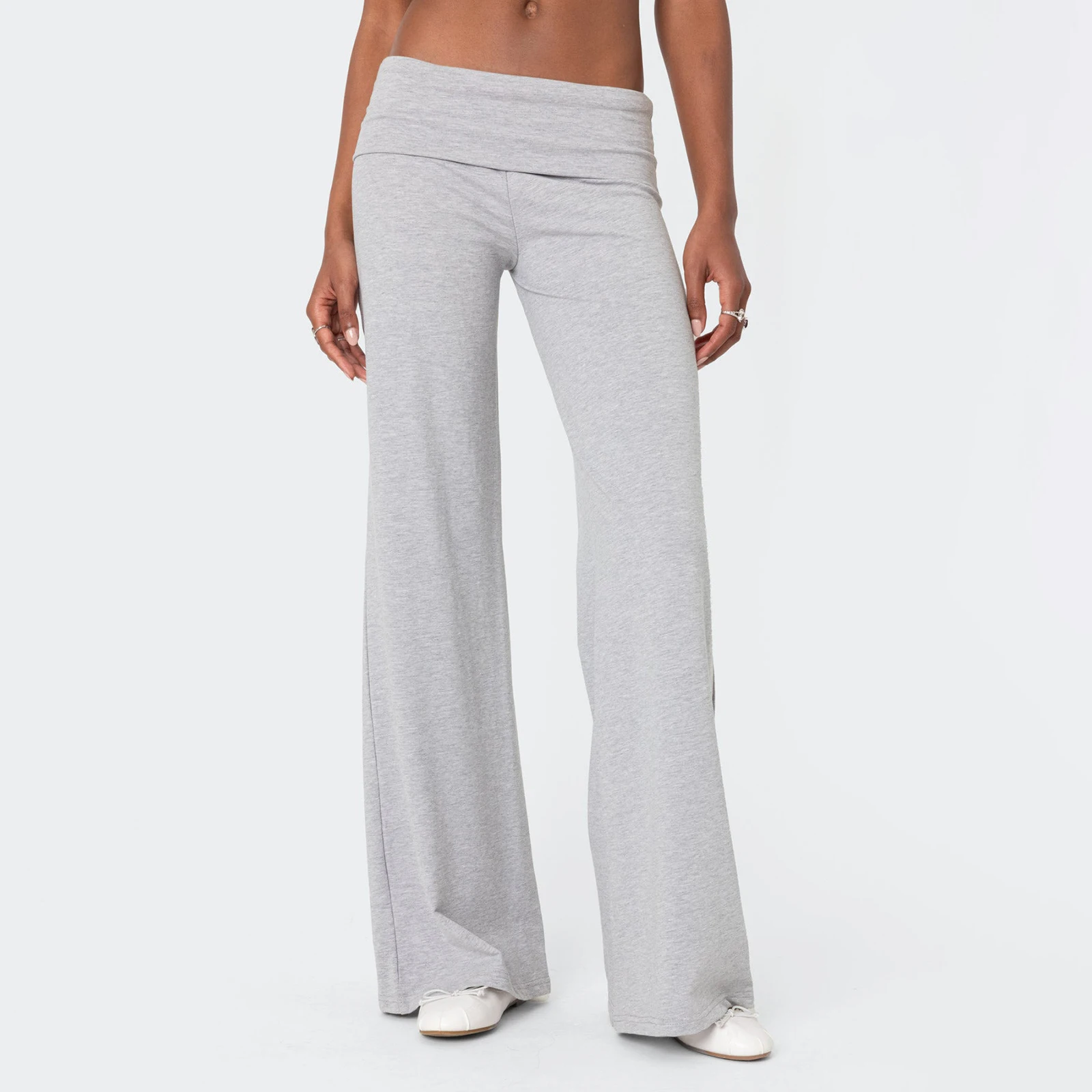 Fold Over Yoga Pants for Women Low Rise Flare Leg Sweatpants Y2k Solid Color Stretchy Loose Gym Lounge Leggings