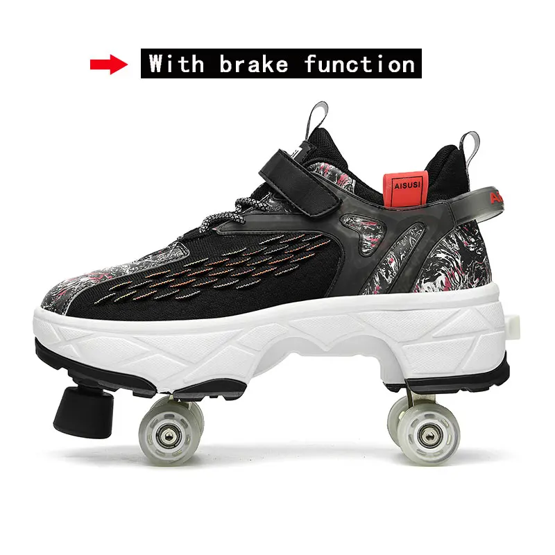 Pu Leather Four-Wheel Roller Skate Shoes Casual Deformation Parkour Sneakers For Rounds Adult Kids Of Running Sport Shoes