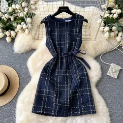 Vintage O-neck Elegant Sleeveless Chic Plaid Slim Bandage Short Dresses Korean Fashion Streetwear High Street Autumn Clothing