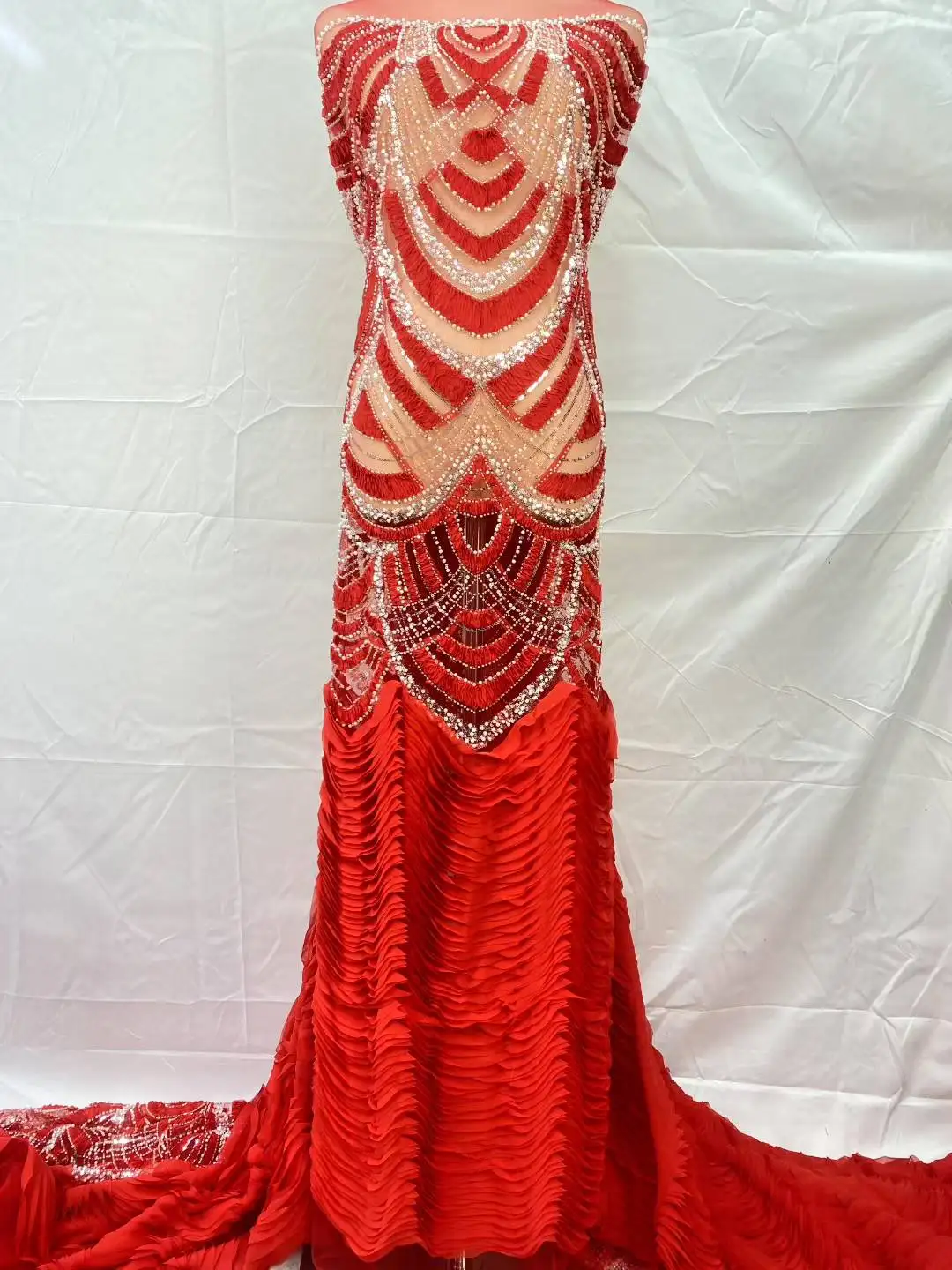 Elegant Chiffon Lace Fabric with Lots Stones - Latest Best Quality Delicate Soft Mesh Hemline for Party Evening Dresses NN5978_R