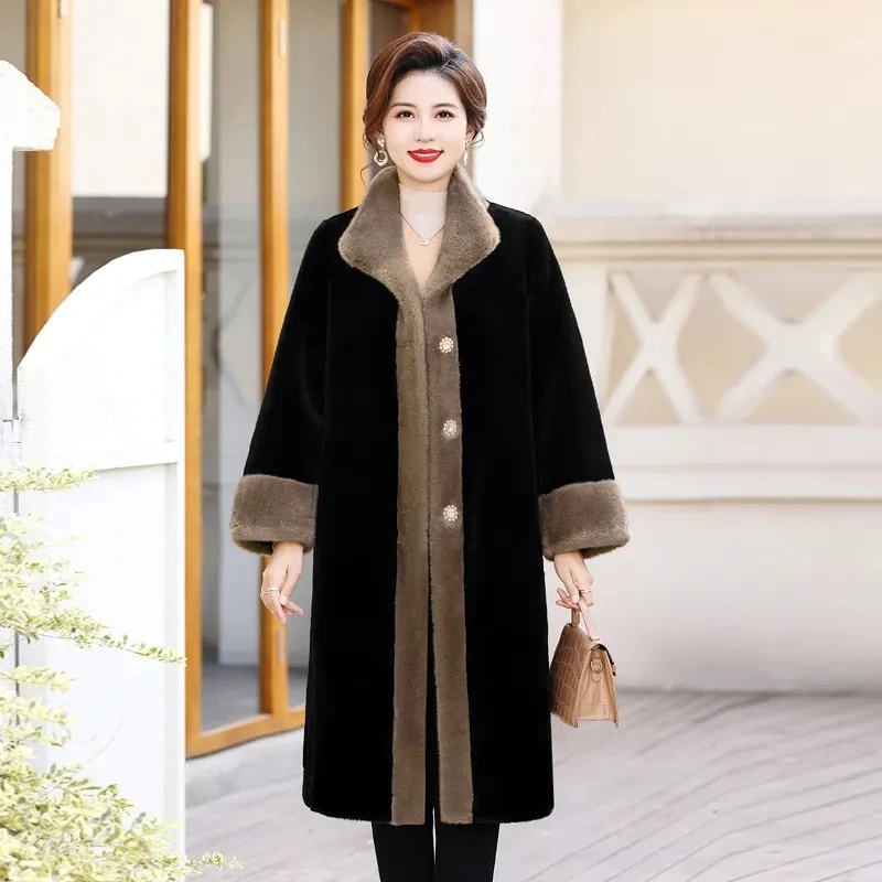 High-quality Autumn Winter Mother\'s Fur One Piece Imitation Gold Mink Fleece Long Coat Noble Women Temperament Women Fur Jacket