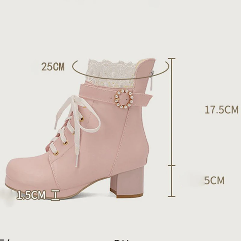 Girseaby Lolita Style Women Ankle Boots Round Toe Block Heels 5cm Platform Lace 31 32 46 47 48 Sweet Girls Bota