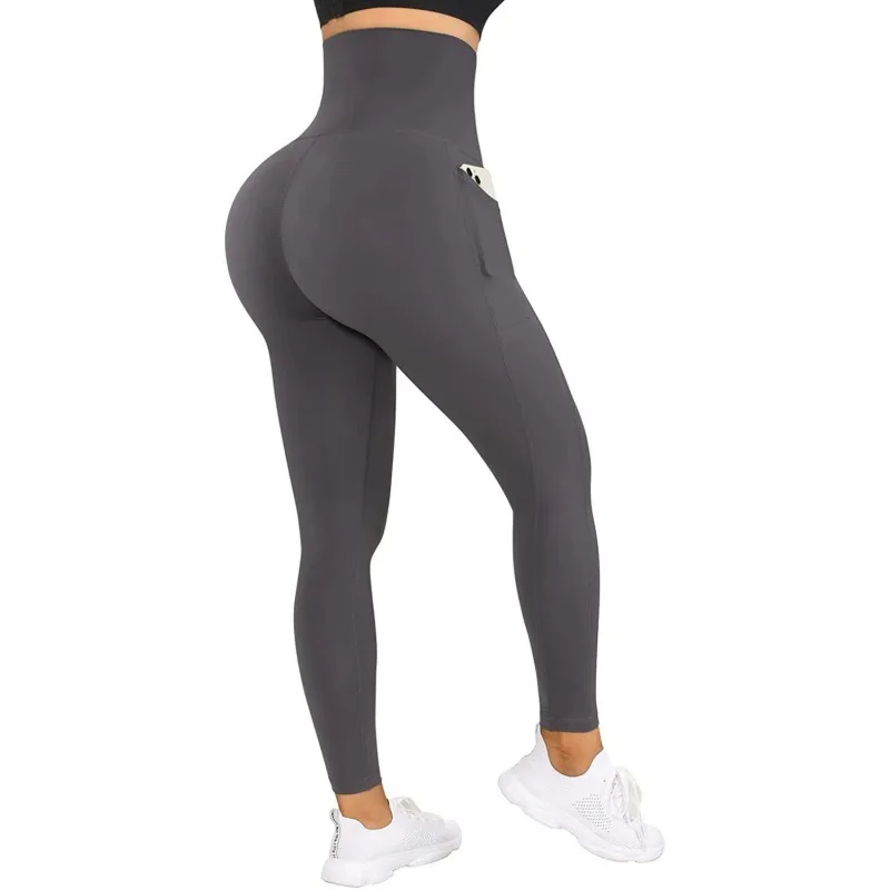 High Elasticity Waist Retraction Gym Legging Spandex Yoga Leggings Pocket Women Soft Tights Fitness Outfits Black Gray Pants XXL