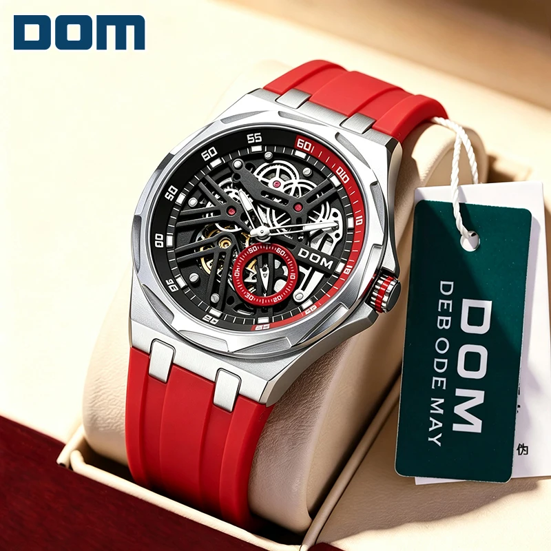 DOM Male Automatic Mechanical Watch Skeleton Movement Dial Rubber Strap Sport Racing Stainless Steel Men Wristwatch M-1688L-1M4