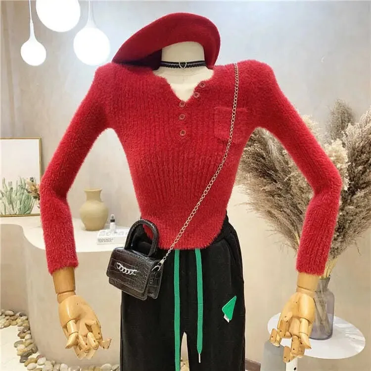 Mink Cashmere Sweet Crop Top Sueters Mohair Pullover Pink Sweater Mujer Jumper  Knitted Y2k Women Sweaters Slim Korean Style