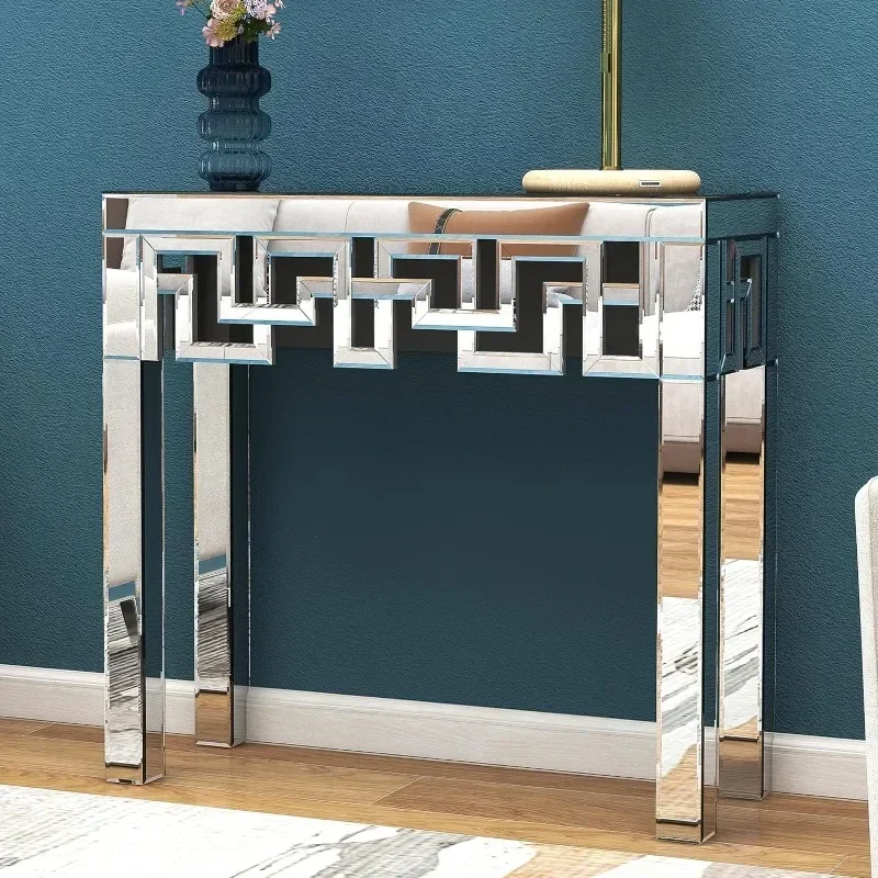 Silver Console Table with Mirrored Finished, Modern Glass Entryway Table Geometric Design, 32 inches Wide Console Table