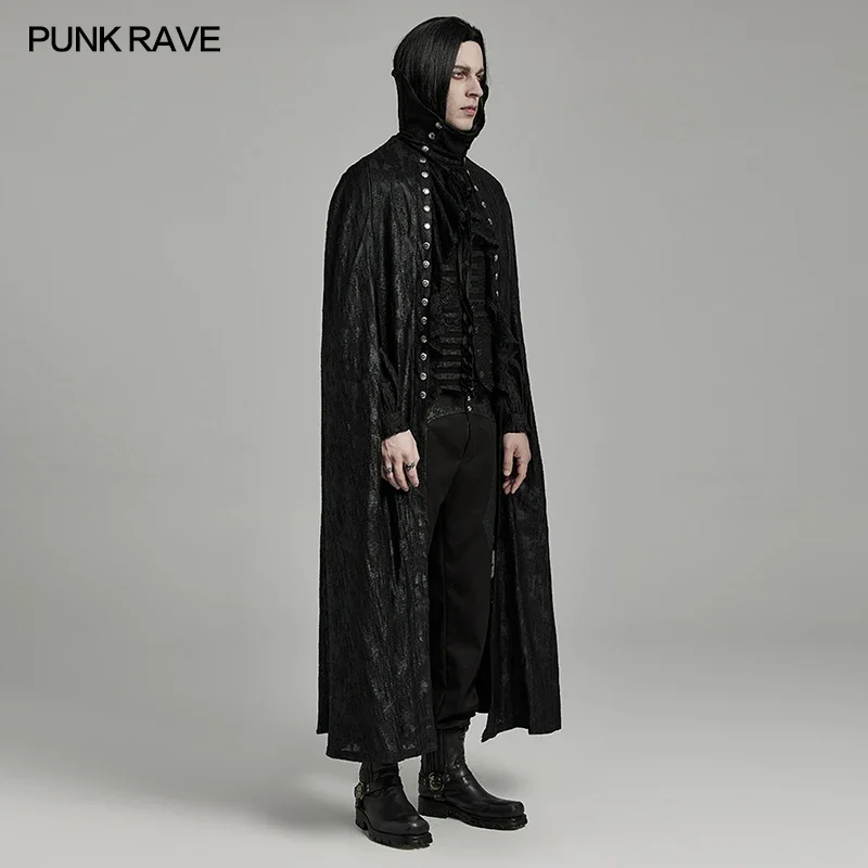 PUNK RAVE Men\'s Gothic Double Breasted Bat Collar Cloak Distressed Textured Party Autumn Detachable Front Ruffle Mens Big Coat