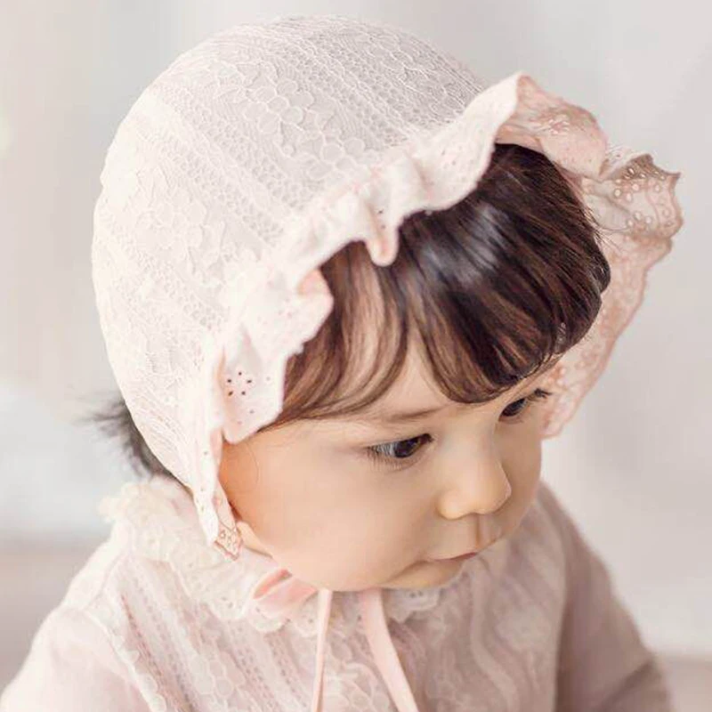 White Lace Flower Baby Cap Summer Mesh Breathable Newborn Infant Hat Princess Baby Girl Palace Hat