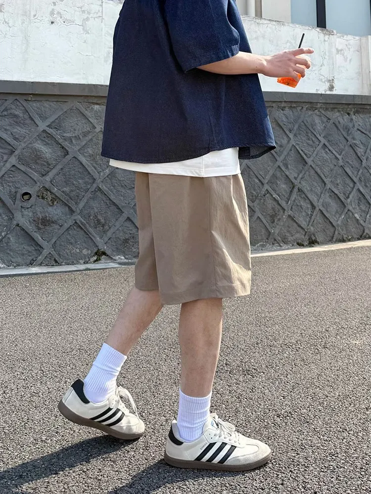 

Мужские летние повседневные рабочие шорты цвета хаки 2025 года, новые, винтажные, свободные, простые, однотонные, прямые, эластичные, длиной до колена