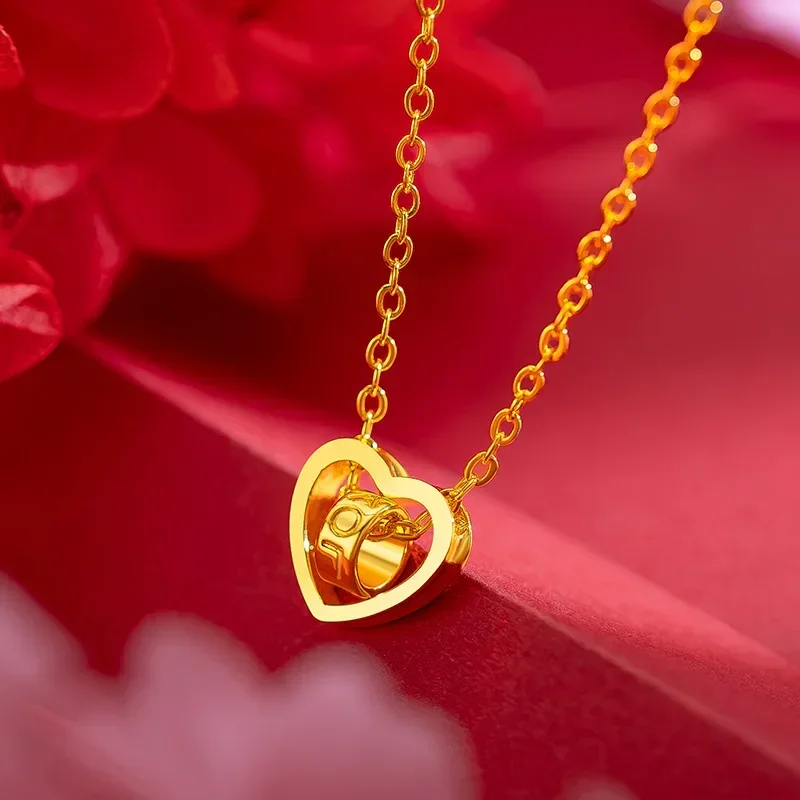 9999 Real Gold 24K Korean version exquisite love collarbone necklace rotatable love heart necklace women's wedding jewelry