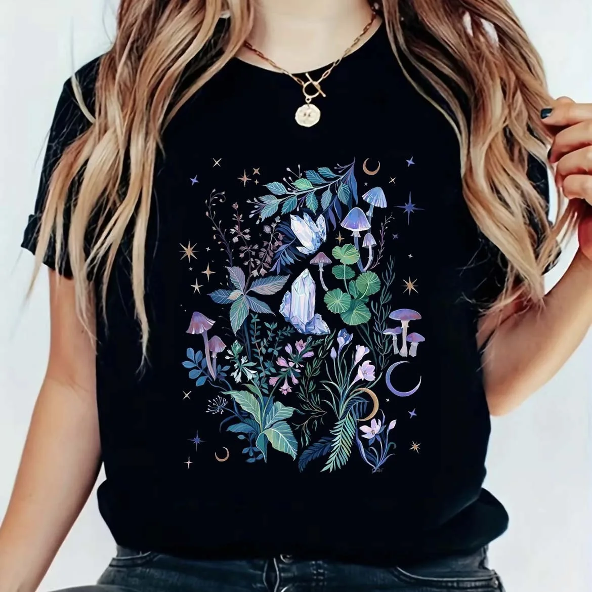Mystical Nature Graphic T Shirt Unisex Bohemian Floral Crystal Mushroom Dragonfly Print Casual Short Sleeve Tees For Daily Wear