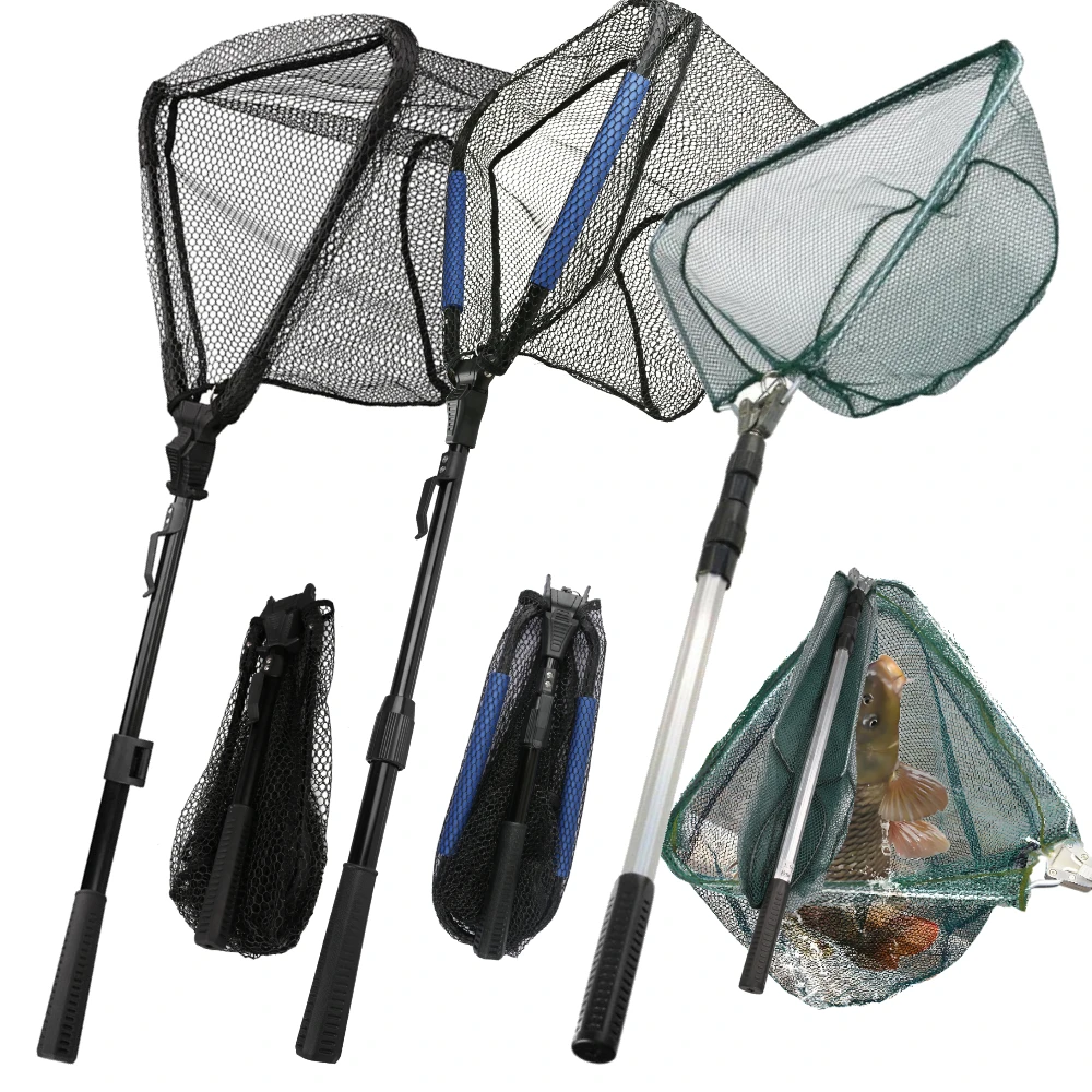 Red de aterrizaje de pesca triangular con mango de poste telescópico, red de pesca fácil de atrapar o liberar para campo de carpa, trucha voladora, mar