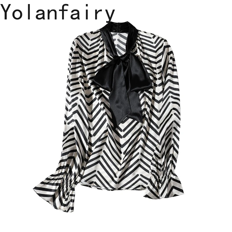 YOLANFAIRY 95% Mulberry Silk 5% Spandex Long Sleeve Shirts Woman Spring Autumn Fashion Striped Shirt Women's Silk Top New Blouse