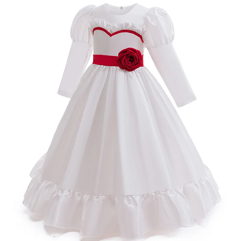Terror-Puppe Annabelle Kostüm, gruseliges Film-Cosplay, weißes langärmeliges Prinzessinnenkleid mit roter Rose an der Taille, Halloween-Robe für Mädchen und Kinder – Detail 3