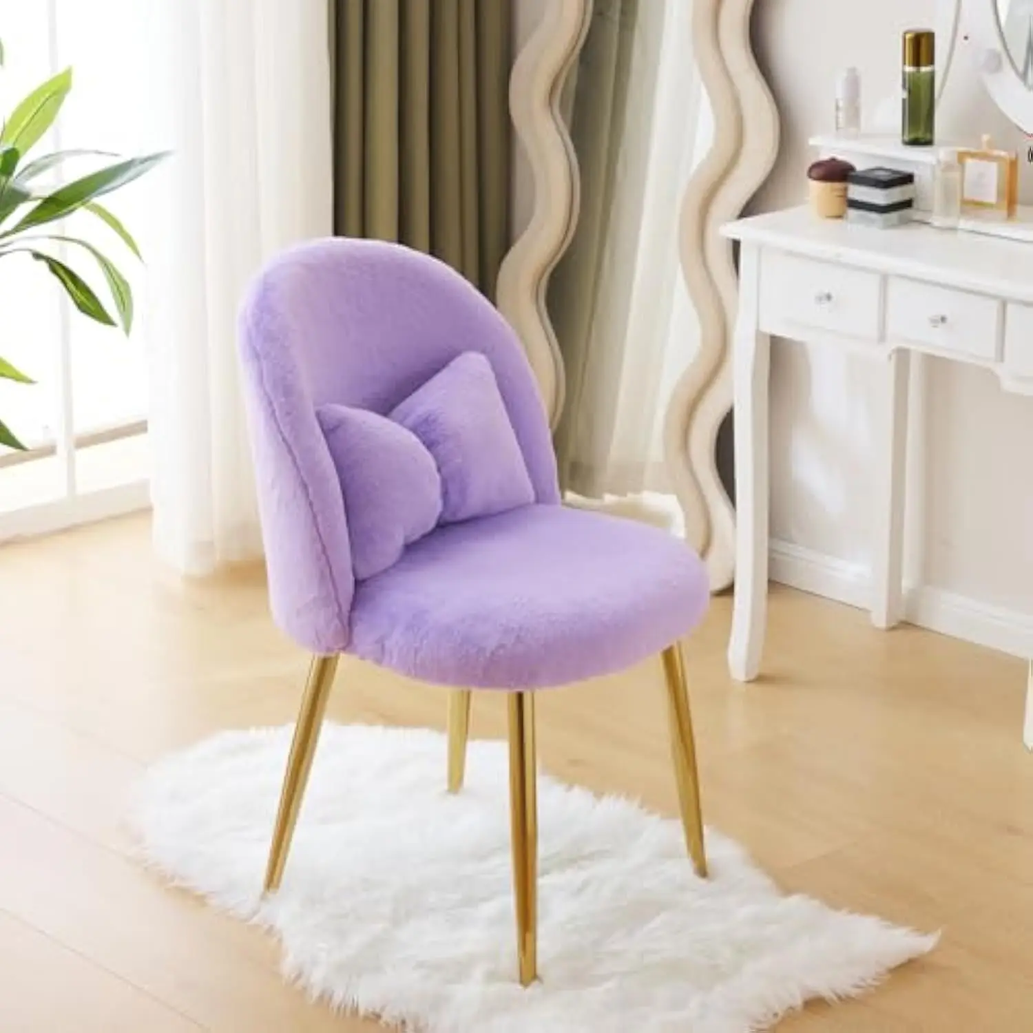 

Fluffy Girls Vanity Chair with Back & Pillow, Cute Small Cozy Desk Chair No Wheels, Comfy Makeup Ch with Ajustable Gold Legs, for