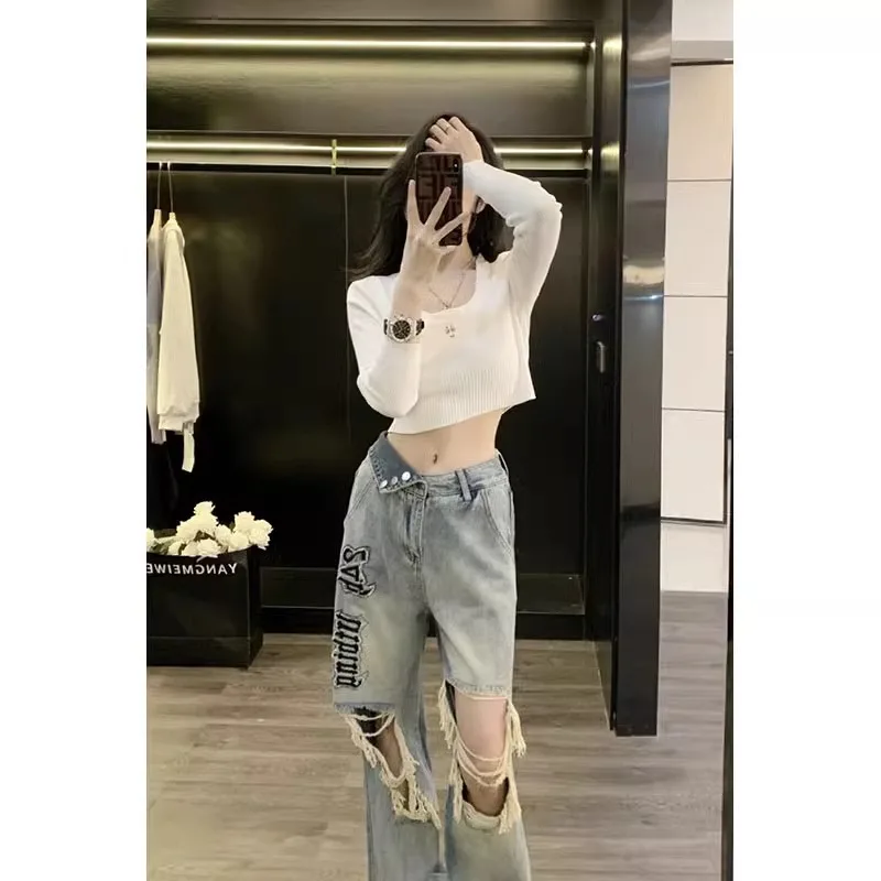 American Street Girl Letter-embroidered Ripped Jeans, Women's Summer Design Sense, Beggar Straight-leg Narrow Wide-leg Pants New