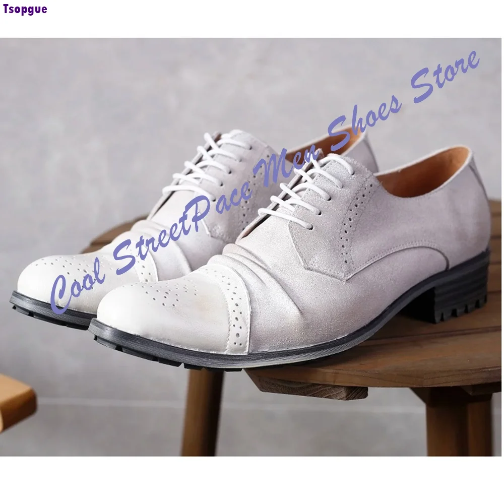 Streetwear Distressed Contrast Toe Brogue Oxford Shoes Mens Full Lace Up Party Men Office Daily Business Retro Dress Footwear
