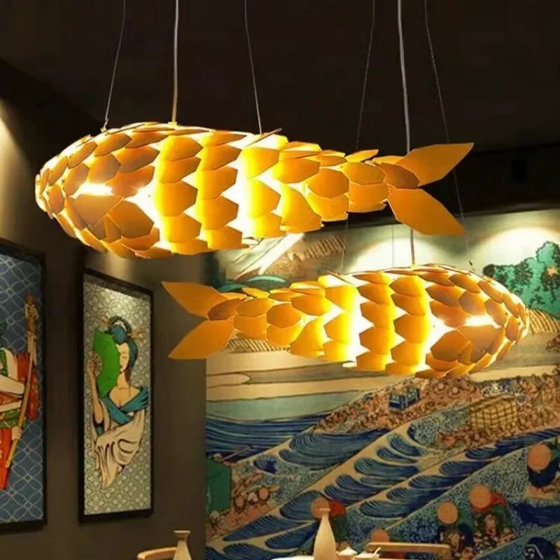 Fish shaped hand chandelier Restaurant Hotel Hot pot Restaurant Club Teahouse Creative wood art woven blessing fish shaped lamps