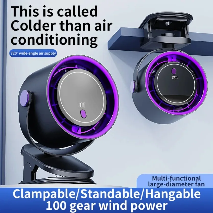 100 Speed Levels Adjustable Clip Fan Portable Tableside Angle Adjustable Cooling Fan High Speed Handheld Ceiling Fan For Camping