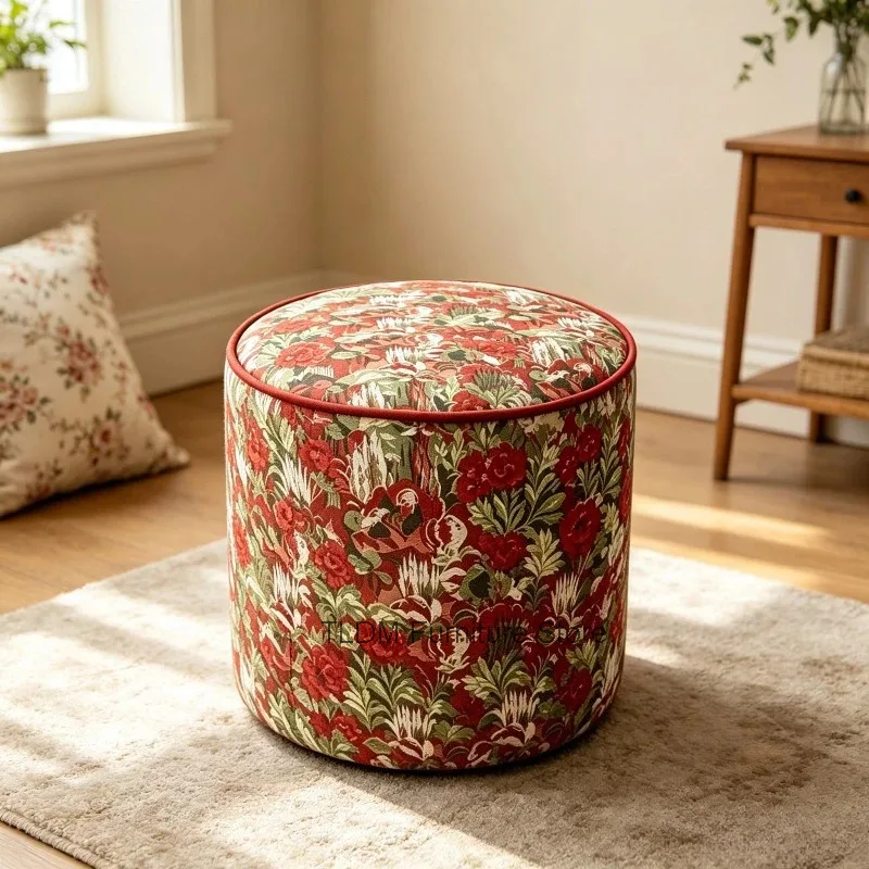 Vintage Floral Jacquard Round Storage Ottoman Flower Print Fabric Entryway Shoe Bench Living Room Multifunctional Furniture