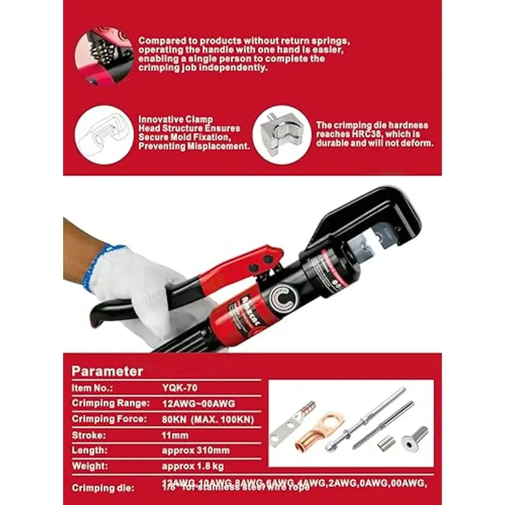 Hydraulic Wire Battery Cable Lug Terminal Crimper Kit 12-2/0AWG Electrical Plier Set 9 Hexagon Dies 1/8