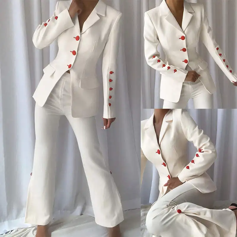 Red White Women Office Suits Single-breasted Blazer Elastic Waist Pants Suits Formal Party Wear 2 Pieces