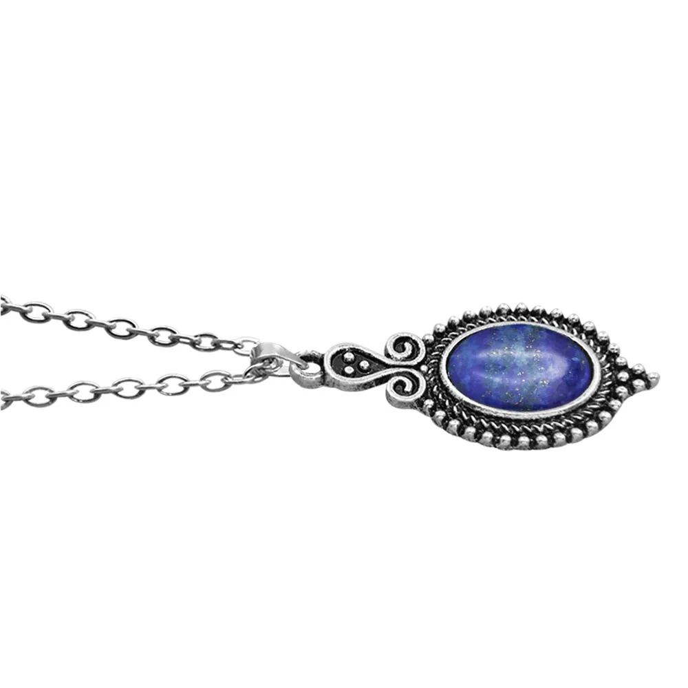 Vintage Natural Lapis Lazuli Jewelry Set Real Silver Plated Ornate Oval Pendant Stone Necklace Earring Stainless Steel Hook