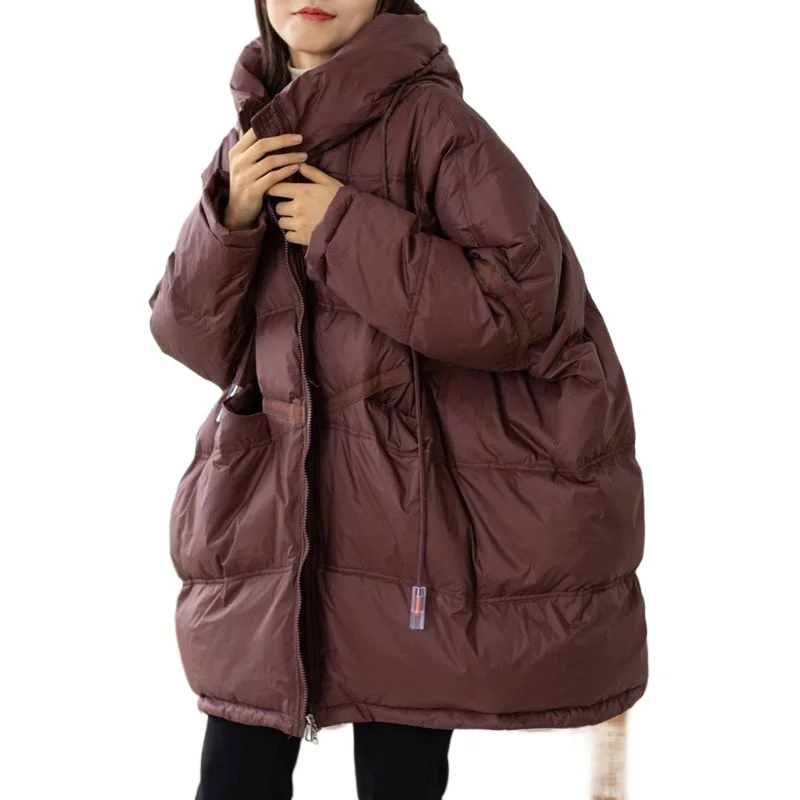 

New Oversized Version Silhouette Hooded Large Size Thickened Warm Medium and Long White Duck Cotton Down Cotton Jacket Women