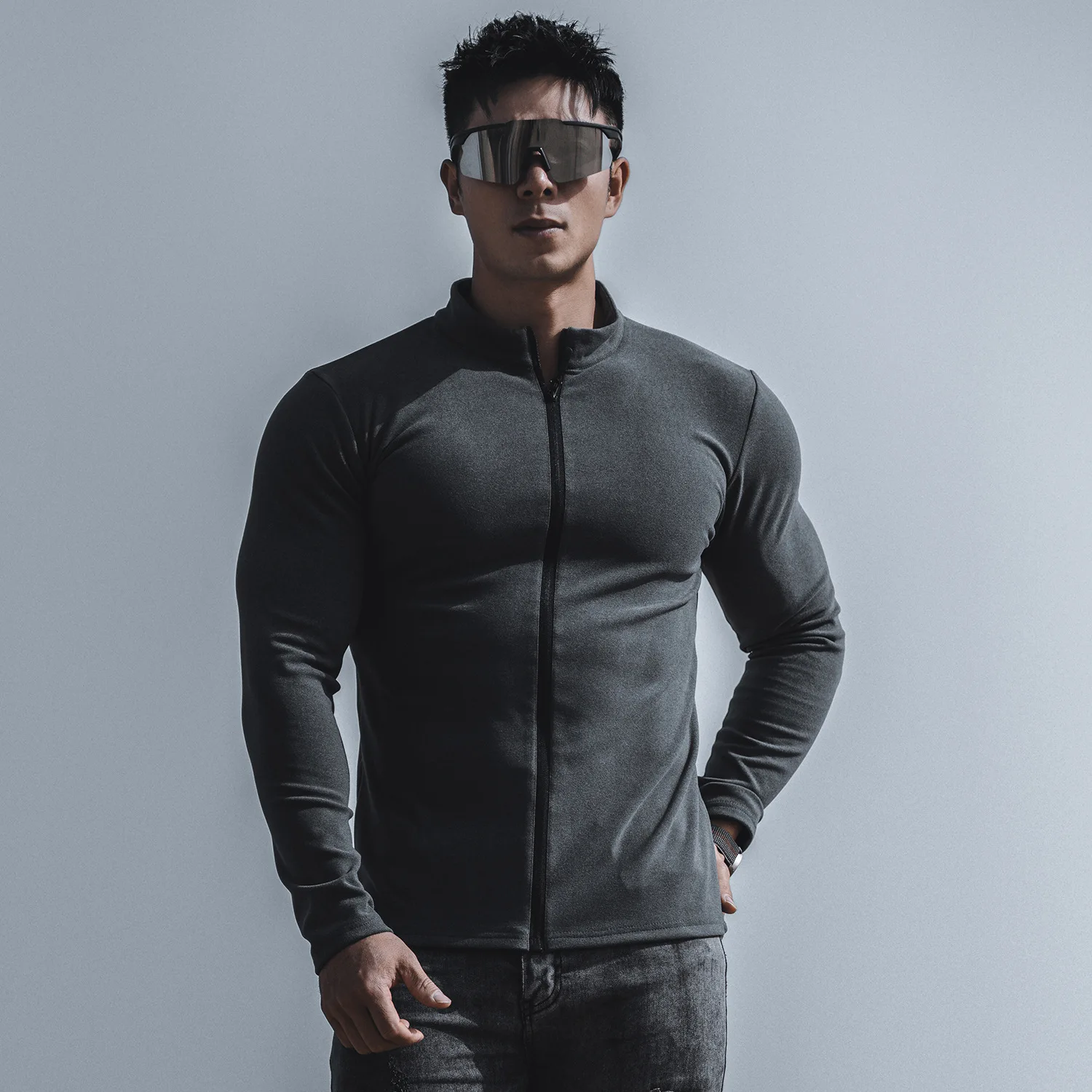 Men's Sports Fitness Casual Tops Long Sleeve Stand Up Collar Solid Colour Jacket Jogging Workout Sweatshirt with Zip Long Sleeve