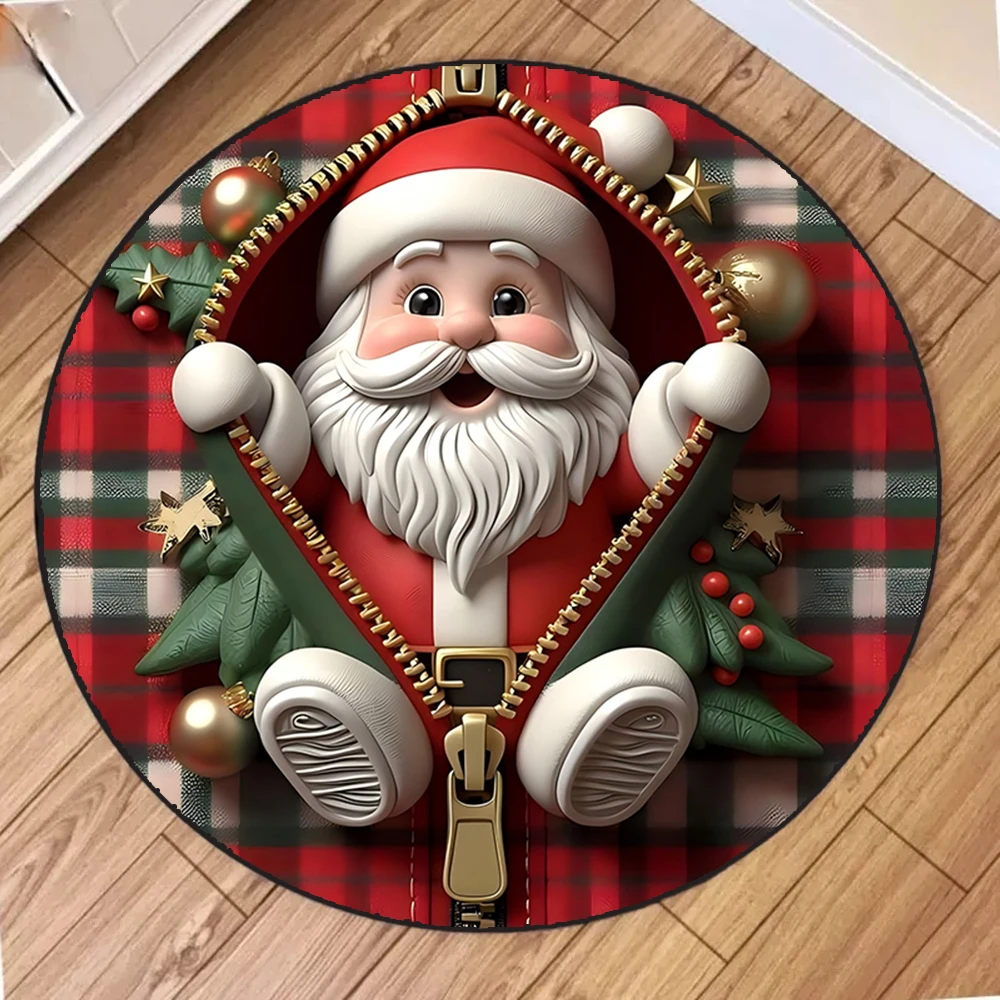 Christmas Zipper Round Rug Festive Cartoon Character Mat 3D Santa Snowman Gingerbread Man Giraffe Carpet Home Decor Floor Cover