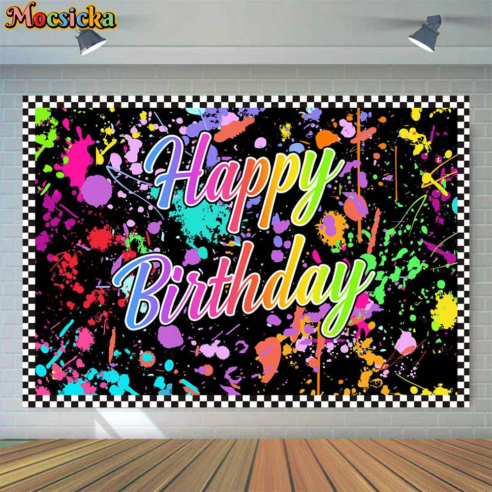 Mocsicka Graffiti Happy Birthday Backdrop Splash Design Hip Hop Glow 80s & 90s Theme Birthday Party Photo Background Decor Props