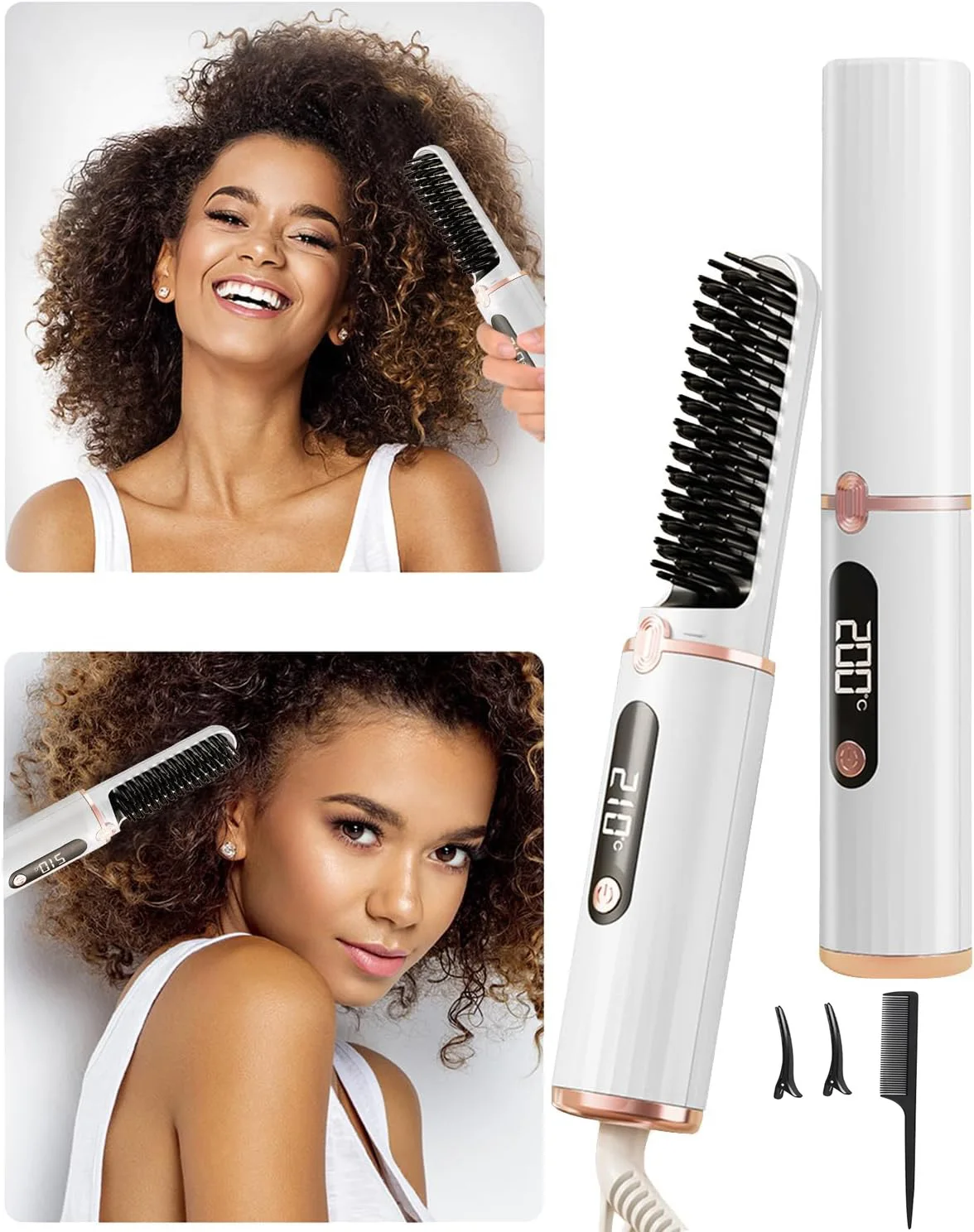 

New Hair Straightening Brush 4 Temp Settings,Ceramic Heated Hot Brush Portable Straightener Comb Negative Ion Styling Tool