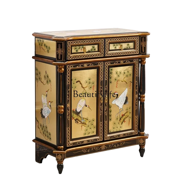 

Solid Wood Entrance Cabinet Gold Foil Pine Crane Yannian Ming-Qing Period Painted Furniture Two Buckets Curio Cabinet