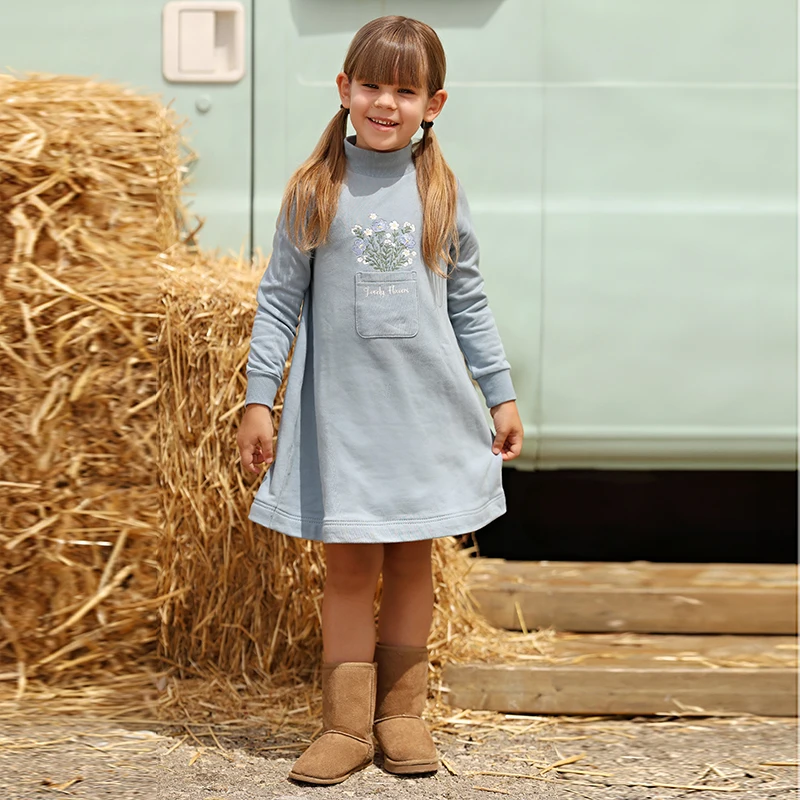 BARCALI Fall Blue French Terry Pocket Set 2pcs Children's Outfit Embroidery Design for Girl Boys And Baby Teenage Clothing Set