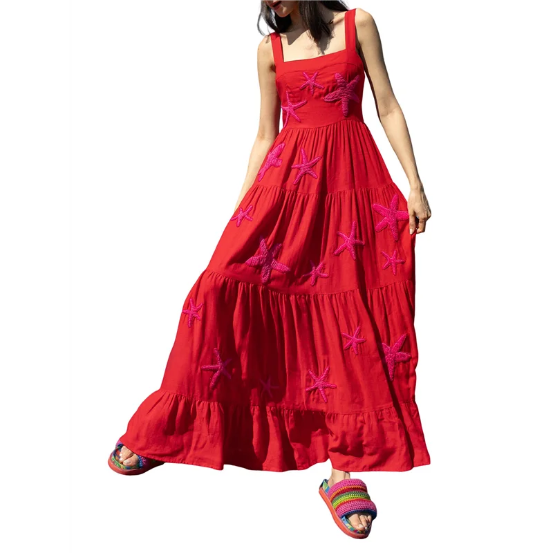 ABP-Vestito lungo ricamato da donna senza maniche smock fluido prendisole Boho Abiti lunghi estivi Vocazione sulla spiaggia