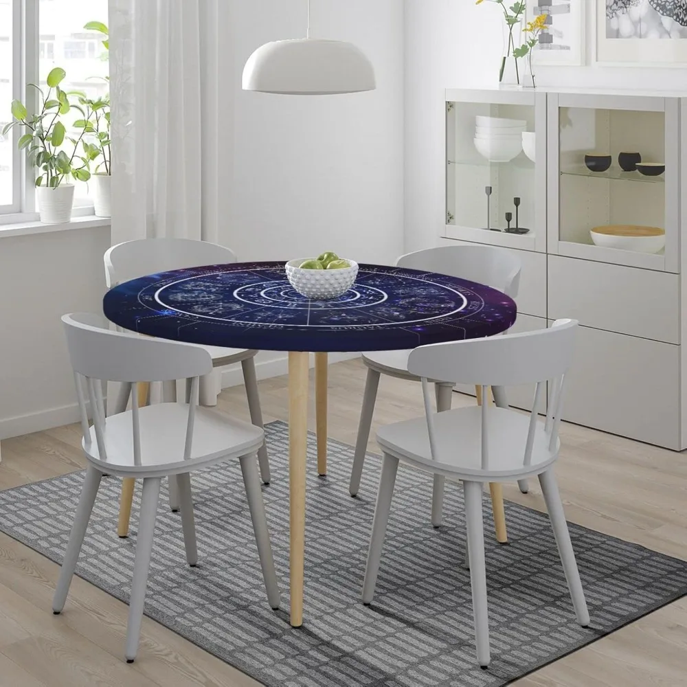 Zodiac Round Table Cloth Galaxy Tarot Horoscope Wheel Tablecloth Elastic Edge Fitted Table Cover Up to 40
