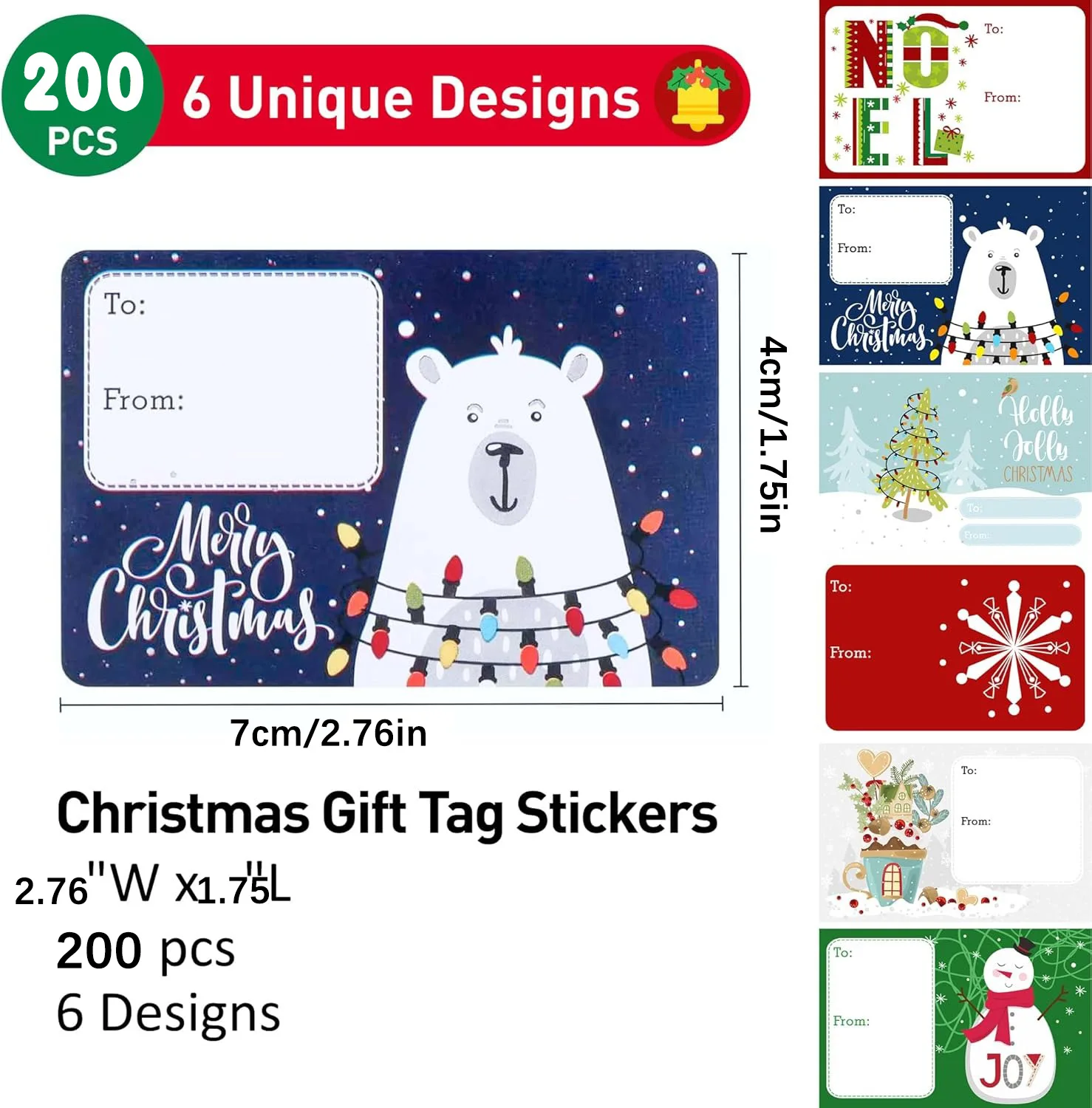 200Pcs Christmas Gift Tags Stickers To From Self‑Adhesive Labels Xmas Polar Bear Snowman Noel Present Name Sticker for Gift Wrap