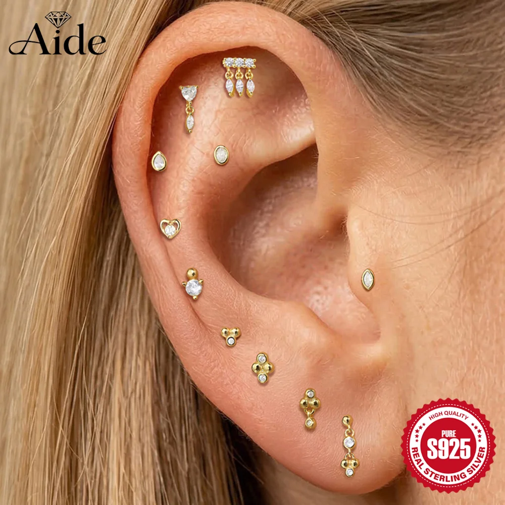 AIDE 925 Sterling Silver Classic Geometric Heart Zircon Mini Ball Tassel for Women Flat Back Spiral Puncture Ear Bone Nail