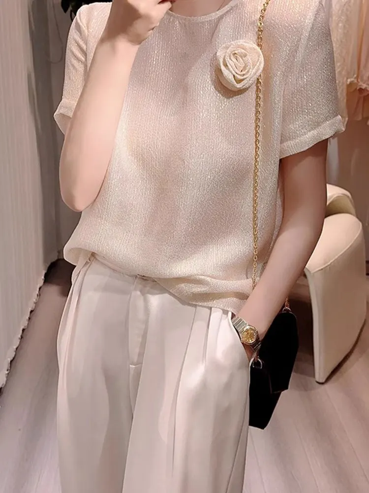 

Женская блузка в европейском стиле с круглым вырезом и коротким рукавом, с 3D-вышивкой цветов, из шифона, корейская версия, прямого кроя