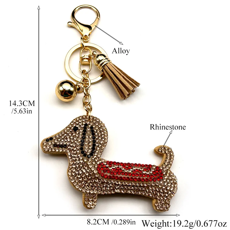 Glatter Dackel-Hund-Schlüsselanhänger für Damen und Herren, voller Kristall, niedlicher Tier-Welpen-Quaste, Damentasche, Zubehör, Schlüsselanhänger, Schmuck, Geschenke – Detail 3
