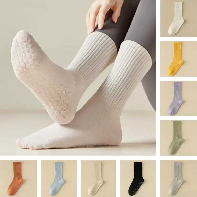 Autumn Winter Solid Color Mid-calf Professional Non-slip Sports Socks Women Yoga Pilates Socks Indoor Dance Fitness Ballet Socks