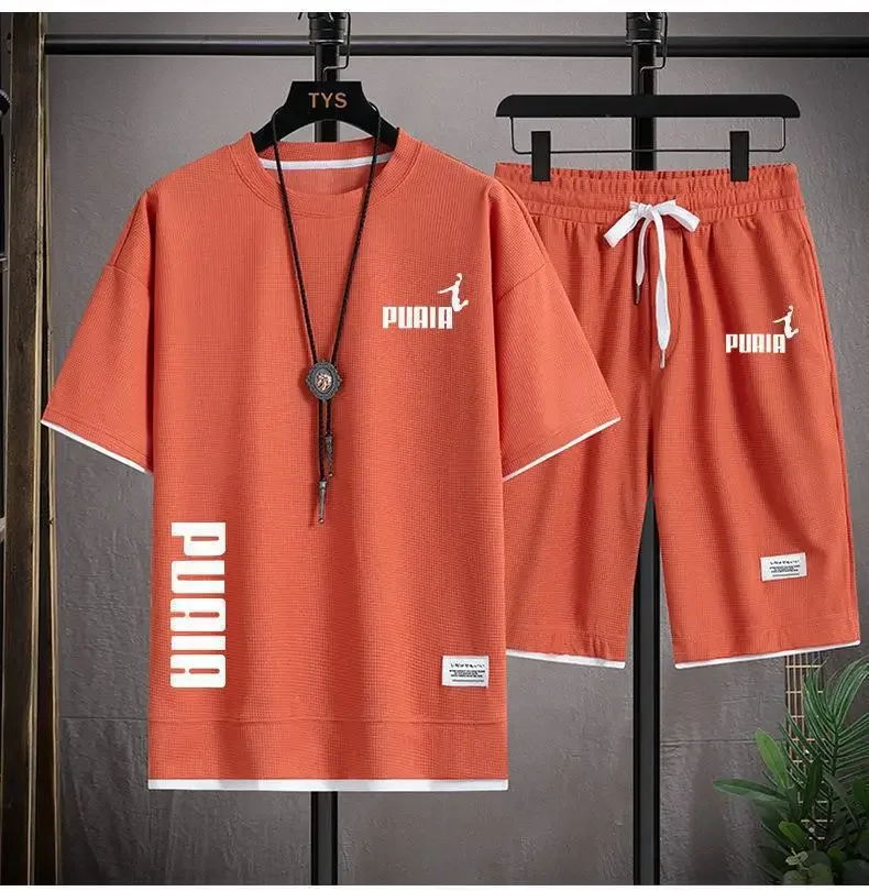 T-shirt girocollo a maniche corte sportiva da uomo estiva + pantaloncini a cinque punte set da jogging da uomo set da 2 pezzi M-3XL