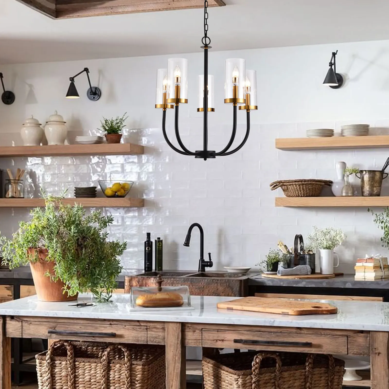 

5 Light Modern Chandelier Black Gold Glass Pendant Light Adjustable Hanging Chain for Dining Room Bedroom Living Room