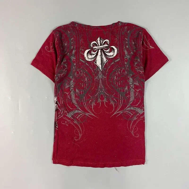 90er Affliction Retro Rotes T-Shirt Herren Streetwear Tee Gothic Totenkopf Kreuz Druck Trendige Grafik T-Shirts Amerikanische Mode Oberteile – Detail 5