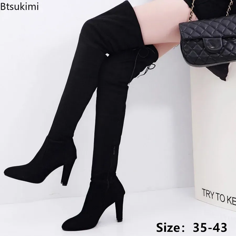 

2024Women's Sexy Over Knee Boots Fashion Suede Leather Shoes Women High Heels Boots Stretch Autumn Winter Long Boots Botas 35-43