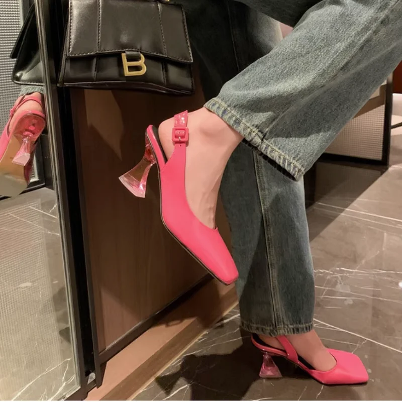 Women Summer Shoes Strange Transparent Heel Pumps Square Toe Sandals Designer Popular Shoes Pink Blue Party Wedding Footwear