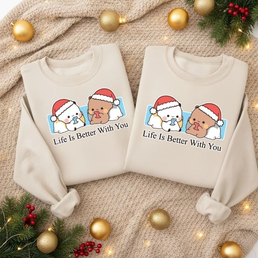 

Рождественский свитшот Life Is Bubu Dudu Bear, одинаковый праздничный наряд для пары, рождественский повседневный пуловер для мужчин и женщин