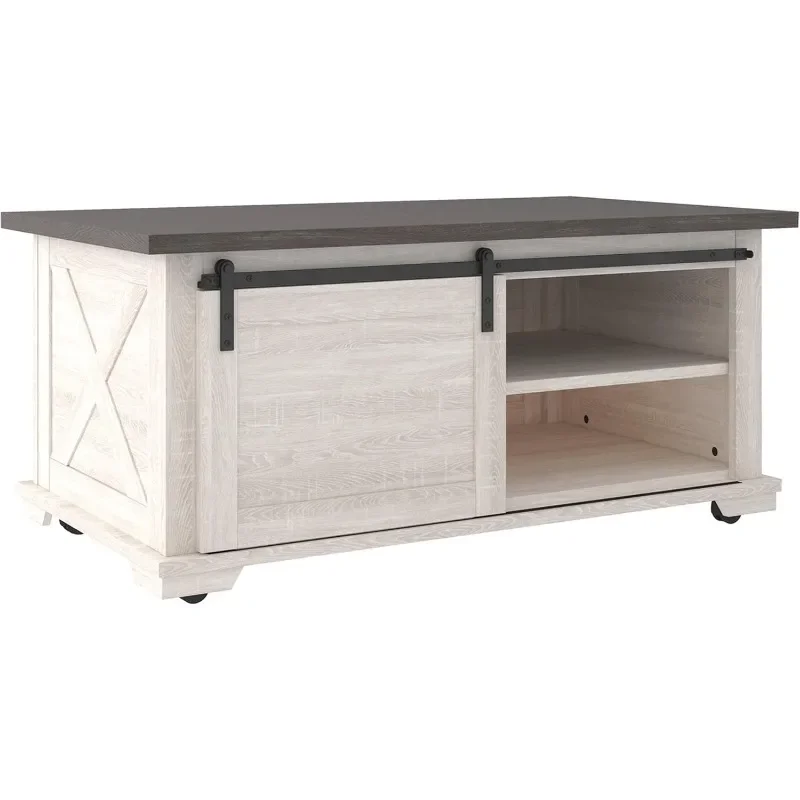 

Signature Design by Ashley Dorrinson Farmhouse Coffee Table with Sliding Barn Doors Antique White Brown