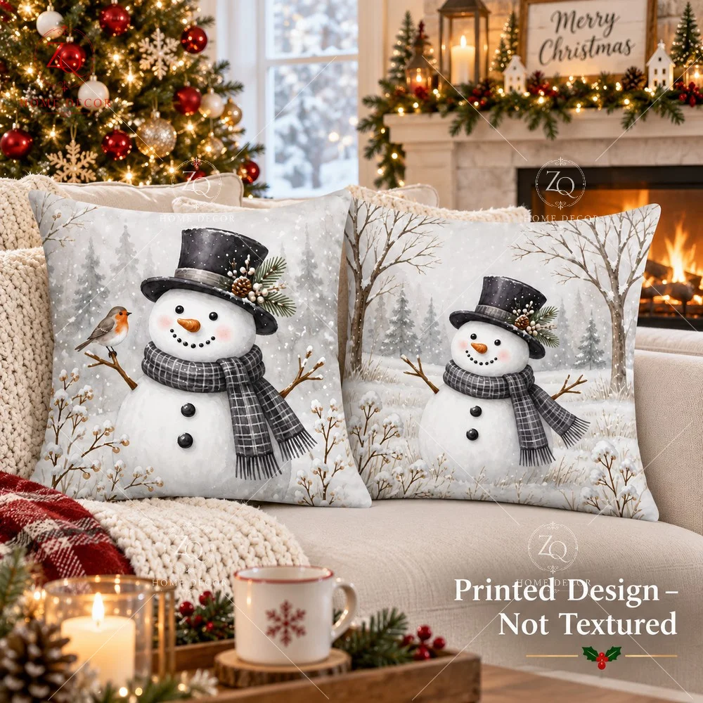 Winter Snowman Pillow Cover 2D Flat Printed Peach Skin Throw Pillowcase Robin Bird Cushion Cover For Sofa Living Room Couch